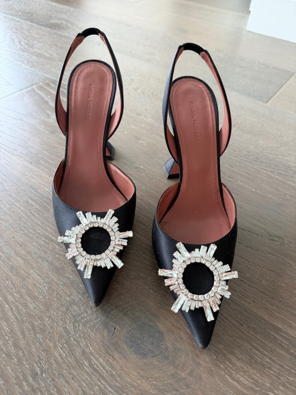 Amina Muaddi Black Crystal-Embellished Slingback Heels